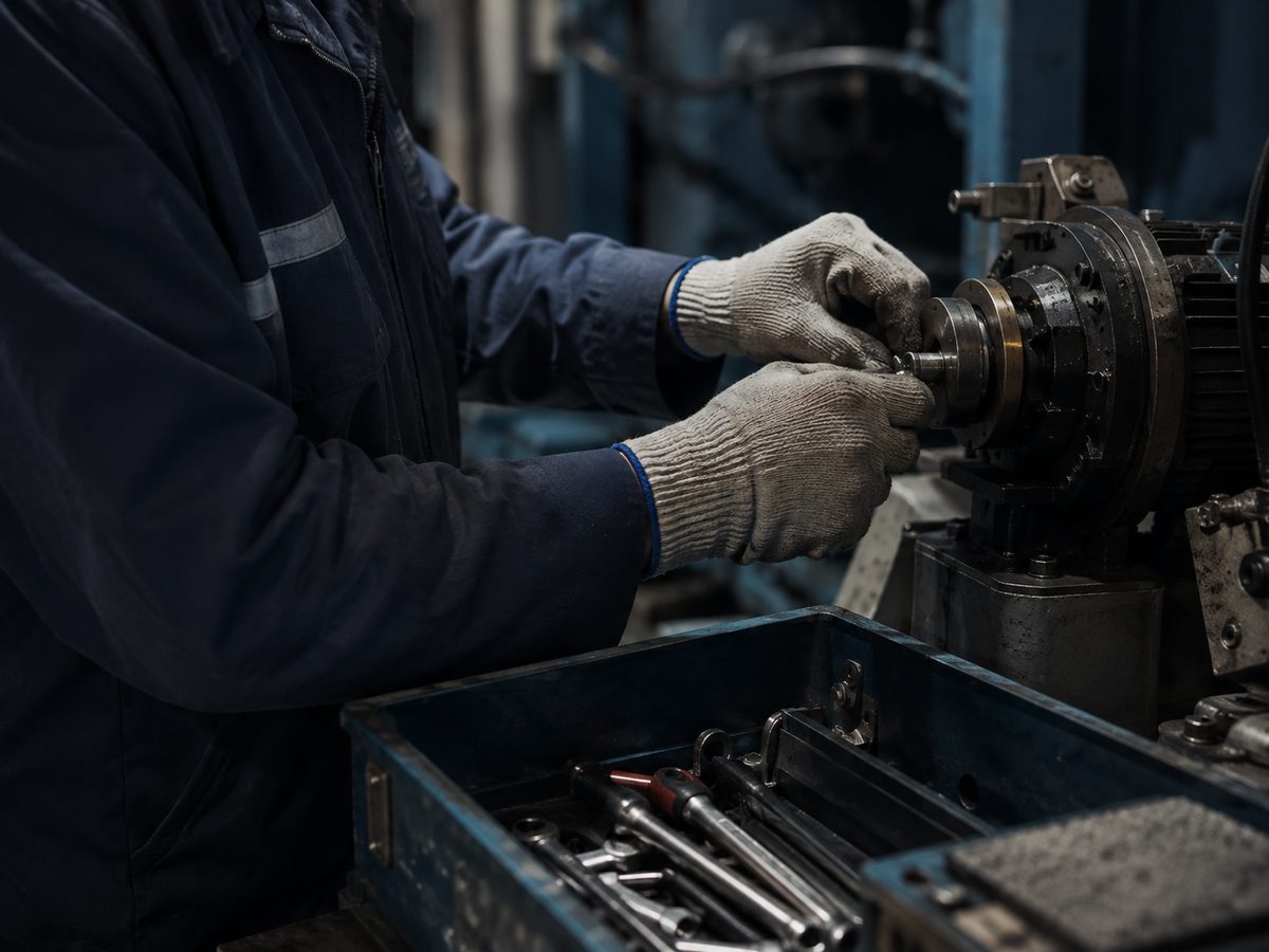 Técnico de mantenimiento revisando una máquina industrial