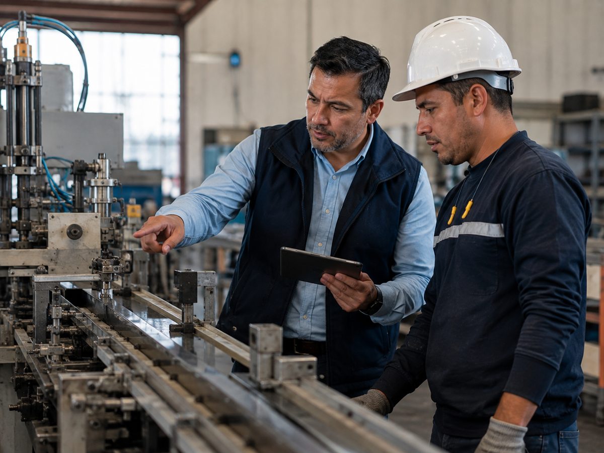 Supervisor y operario revisando el proceso productivo en una planta pequeña