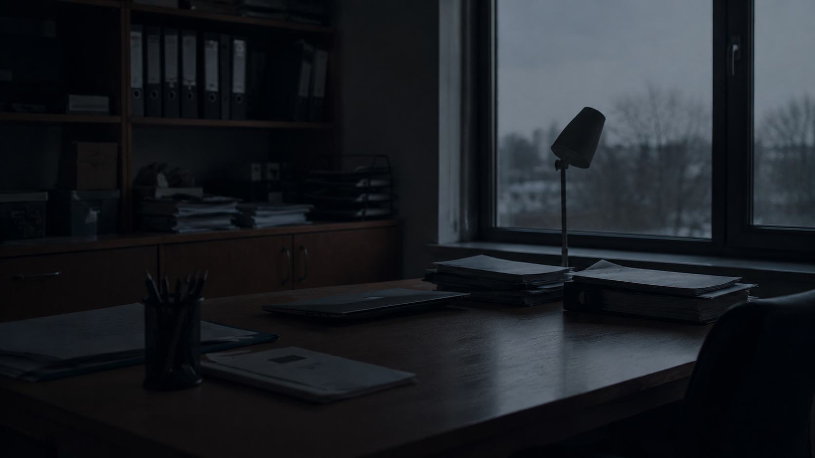 Escritorio de oficina en penumbra