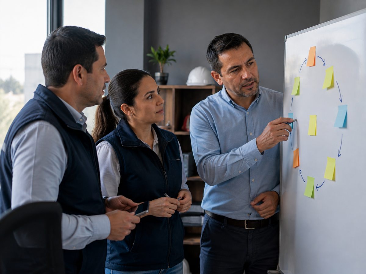 Equipo revisando indicadores de mejora continua en una pizarra